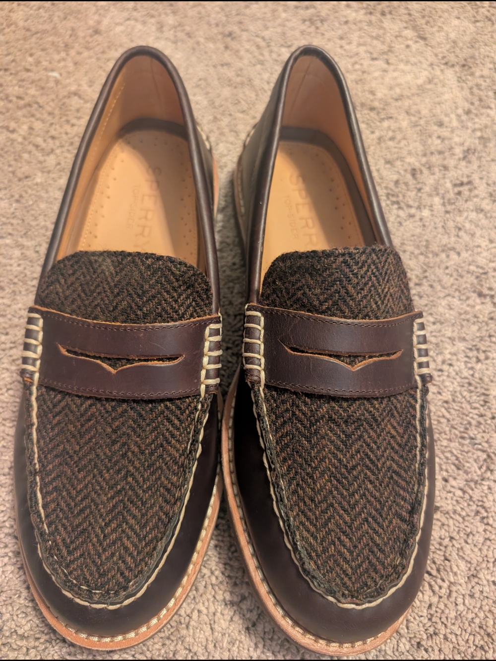 Ladies Sperry Ripple Penny Brown Tweed & Dark Brown Leather Penny Loafers Size 8